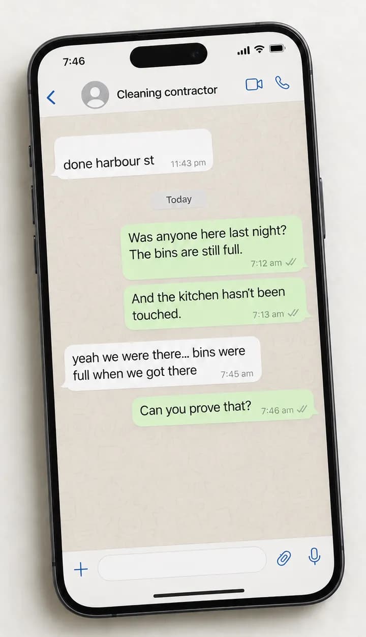 Illustration of a messaging app thread. Night crew at 11:43 pm: done harbour st. Client at 7:12 am: Was anyone here last night? The bins are still full. And the kitchen hasn't been touched. Crew at 7:45 am: yeah we were there, bins were full when we got there. Client at 7:46 am: Can you prove that?