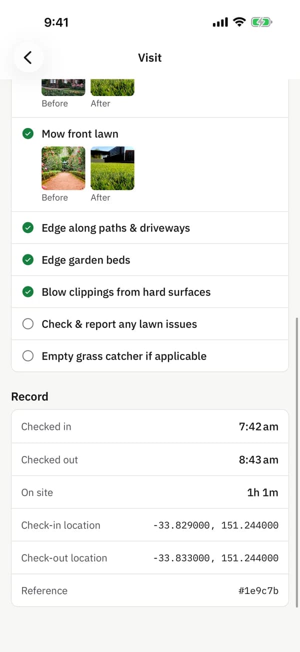 provvio mobile app showing an in-progress visit checklist with photo-required items
