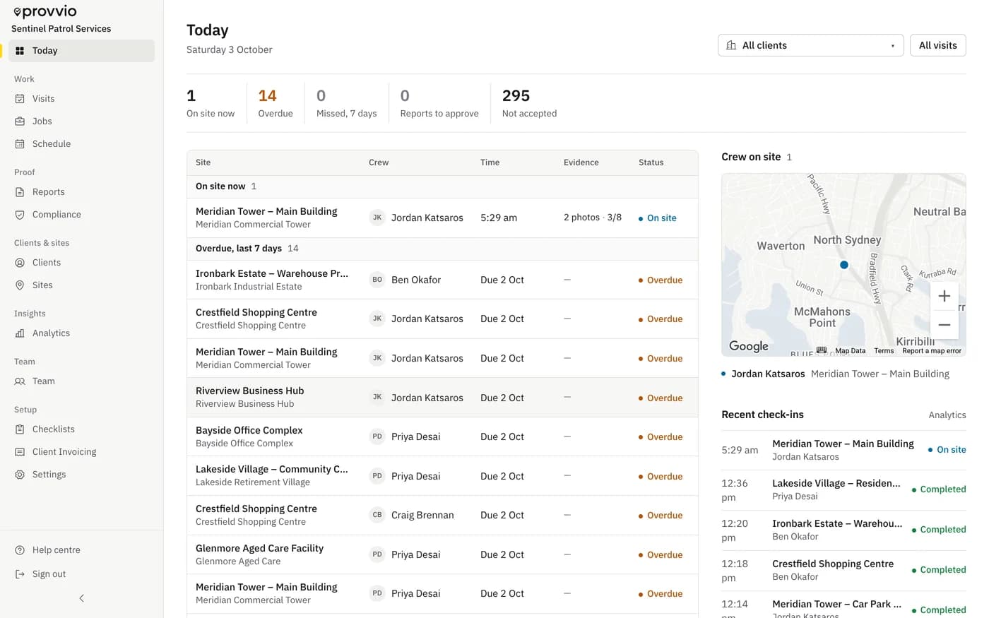 provvio dashboard showing real-time GPS check-ins and crew locations on map