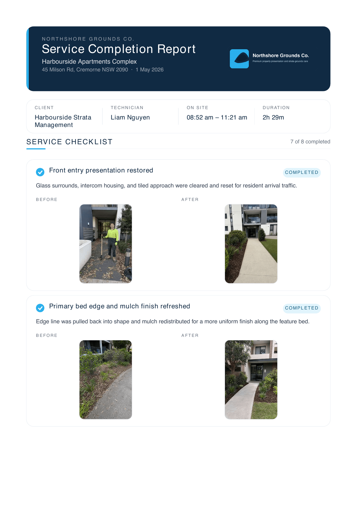 white-label proof-of-service report preview showing branded landscaping visit evidence