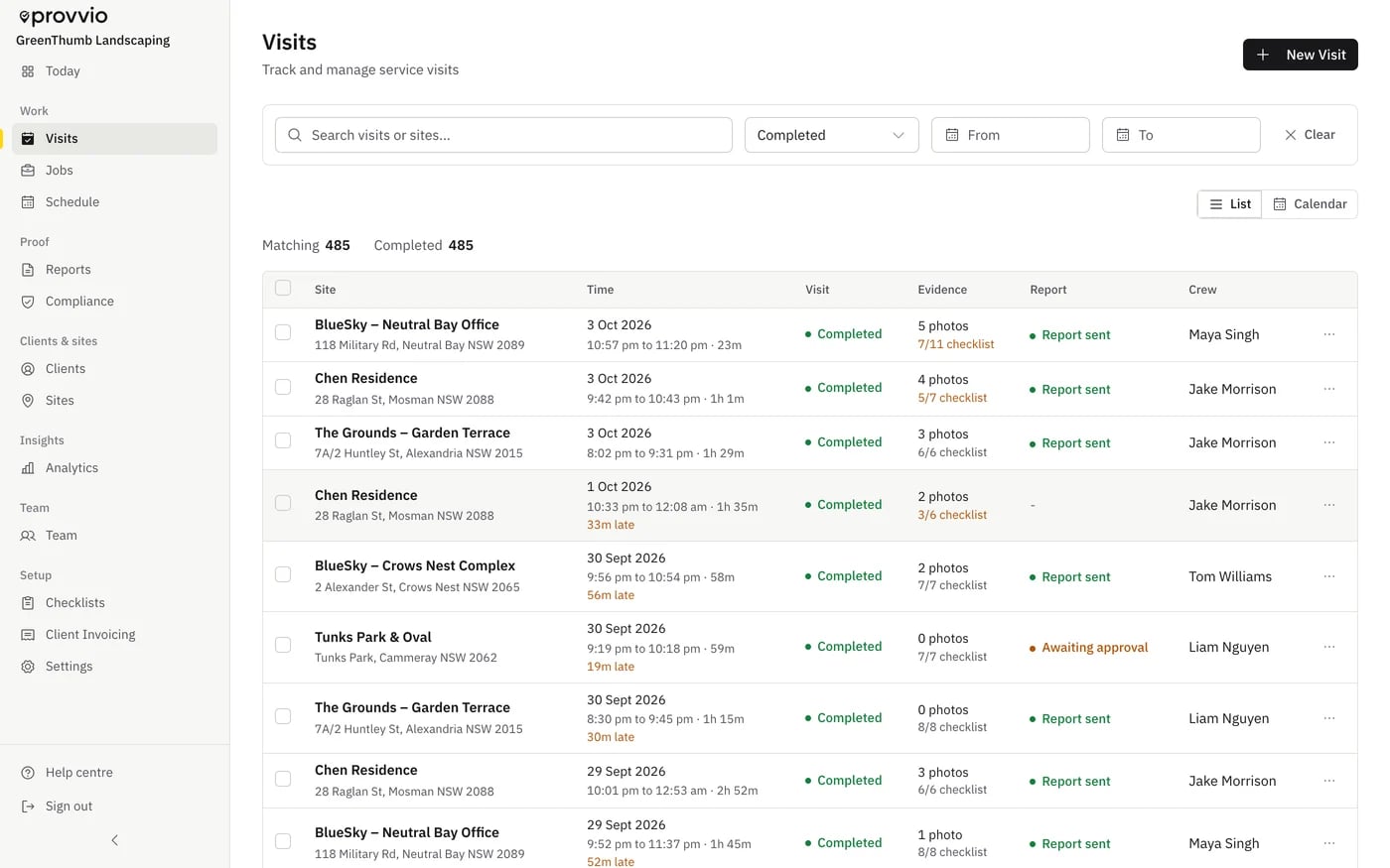 provvio web app Visits list for a landscaping company: each completed visit with check-in and check-out times, minutes late, photo and checklist evidence, report sent or awaiting approval, and crew member