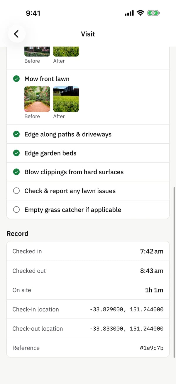 provvio crew app checklist step: 5 of 7 done, mow front lawn and mow rear lawn ticked with required before and after photos