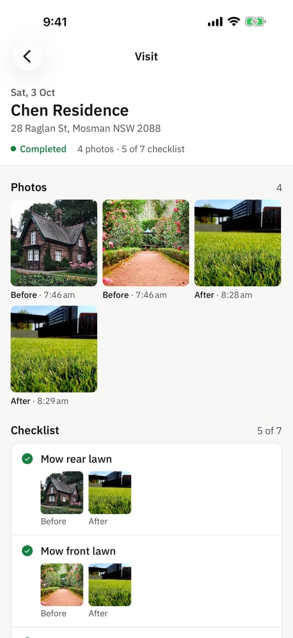 provvio crew app before photos step: two photos taken at 7:46 am, marked as synced, with a take before photo button