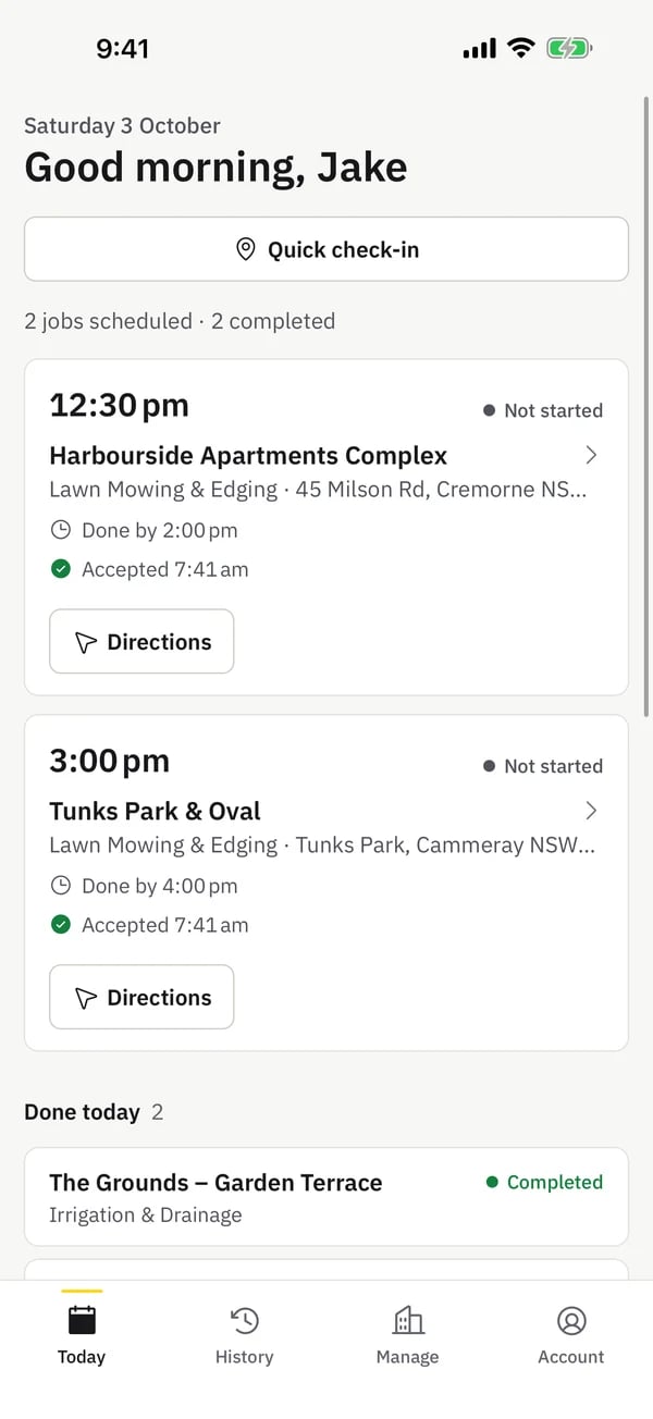 provvio crew app on a phone: today's jobs with scheduled times, site addresses, accepted status, directions and a quick check-in button