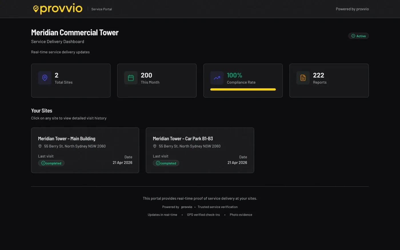 Client portal showing patrol history and downloadable proof-of-service reports