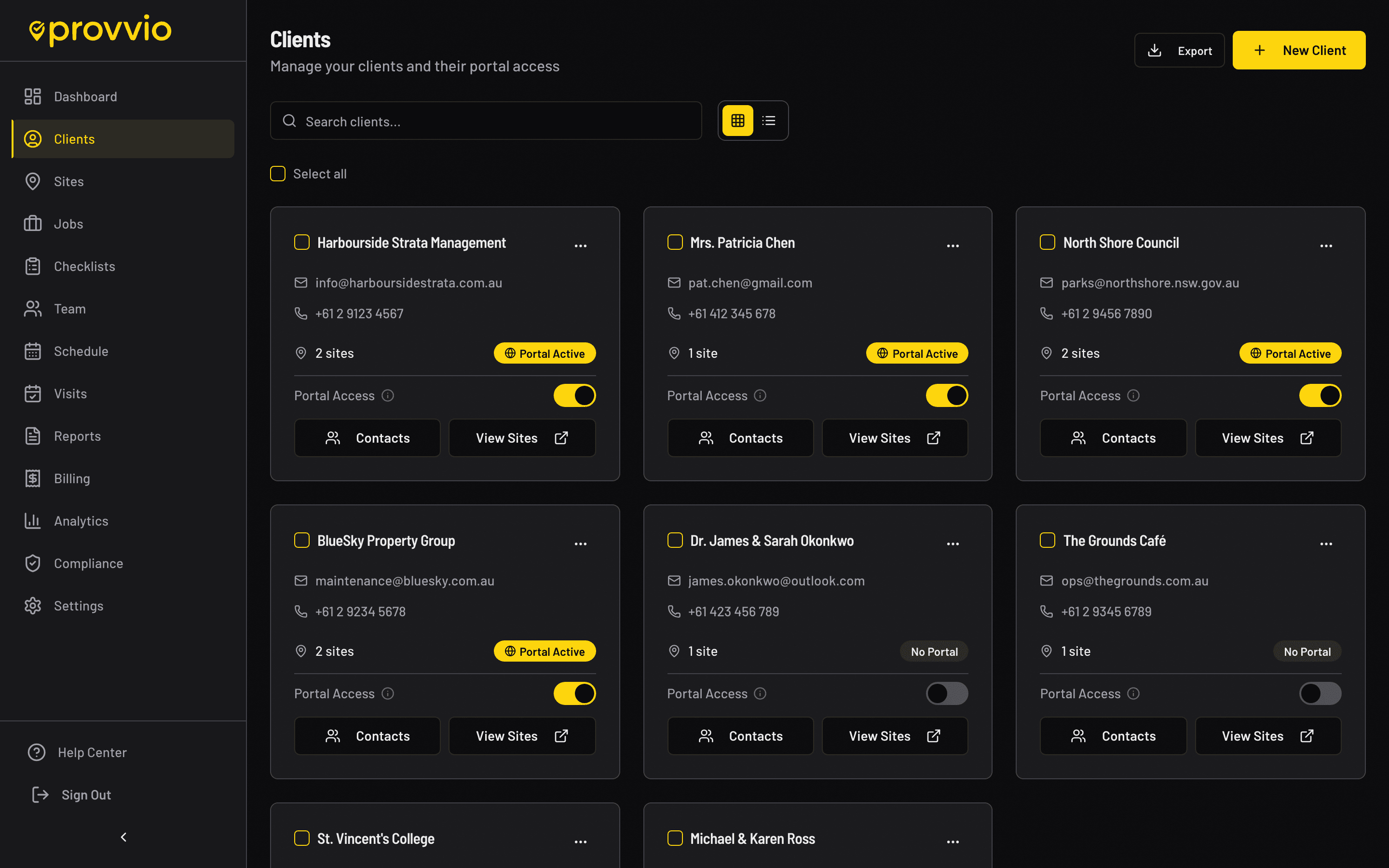 Provvio clients list showing multi-client management view