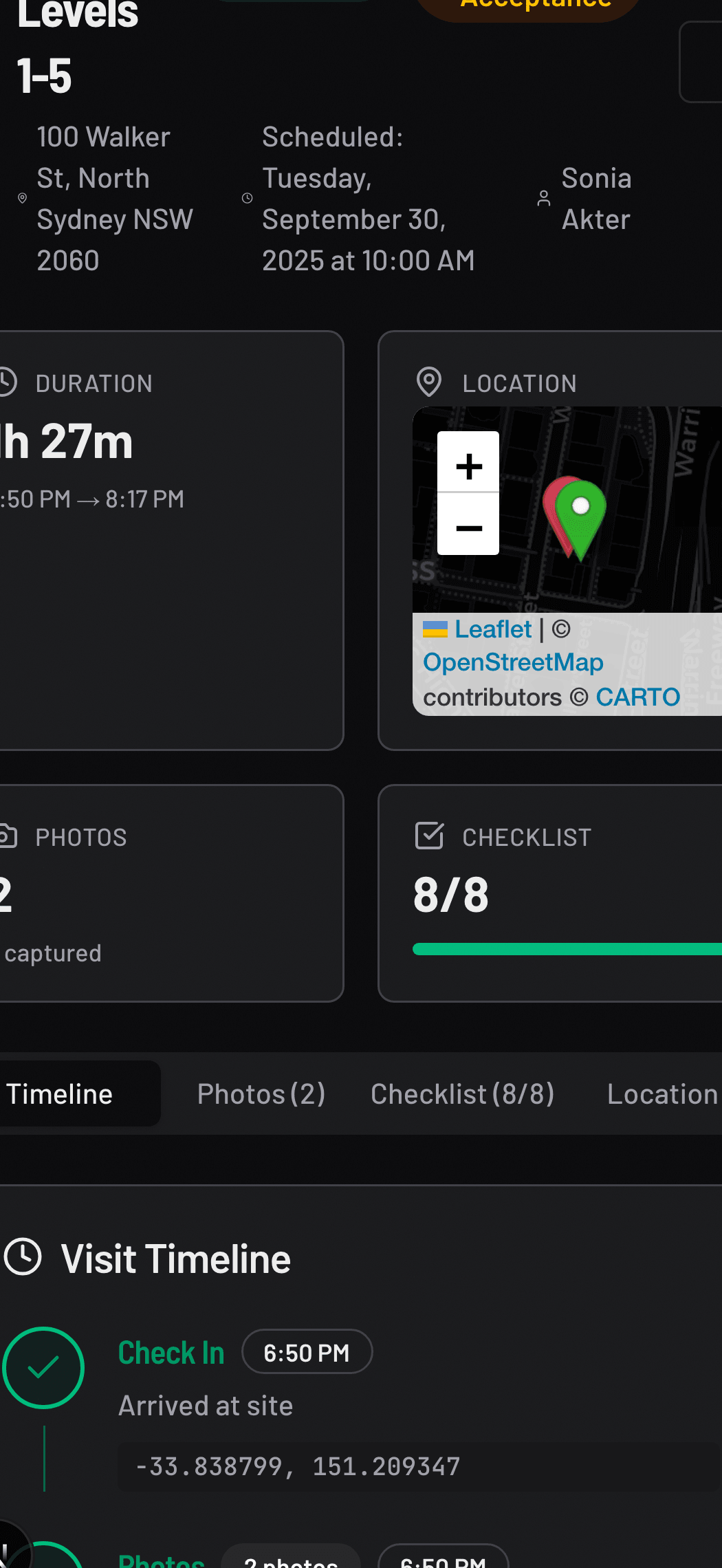 Provvio mobile app showing an in-progress visit checklist with photo-required items