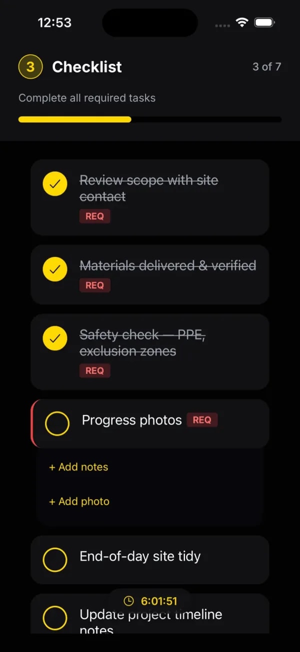 provvio mobile app showing an in-progress visit checklist with photo-required items