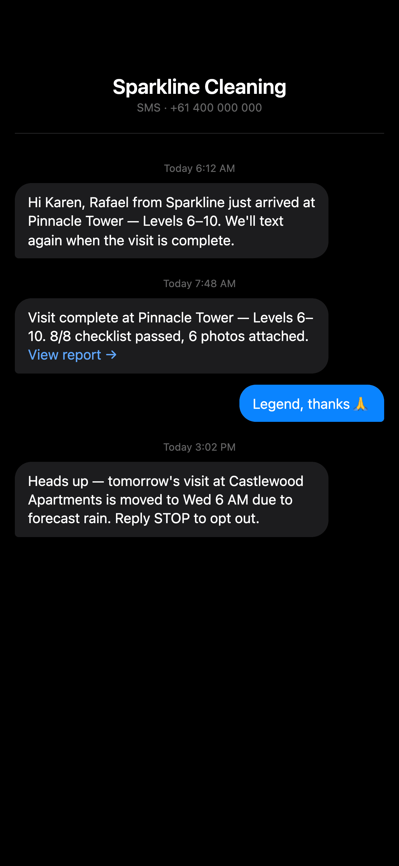 Example SMS from Provvio showing crew arrival and visit completion alerts
