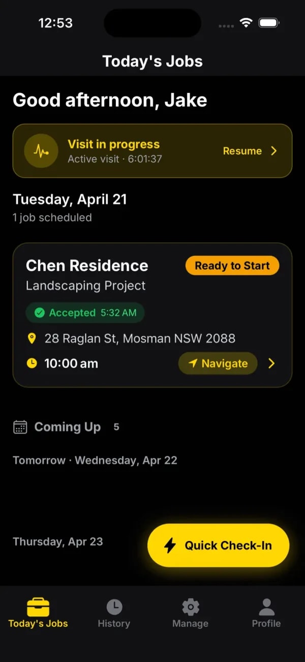 provvio mobile app showing field crew's daily job schedule