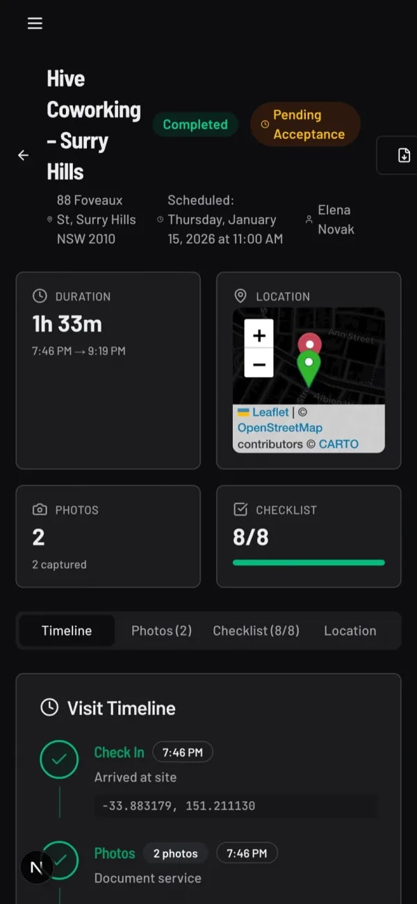 Mobile view of GPS-verified patrol proof with map and photos
