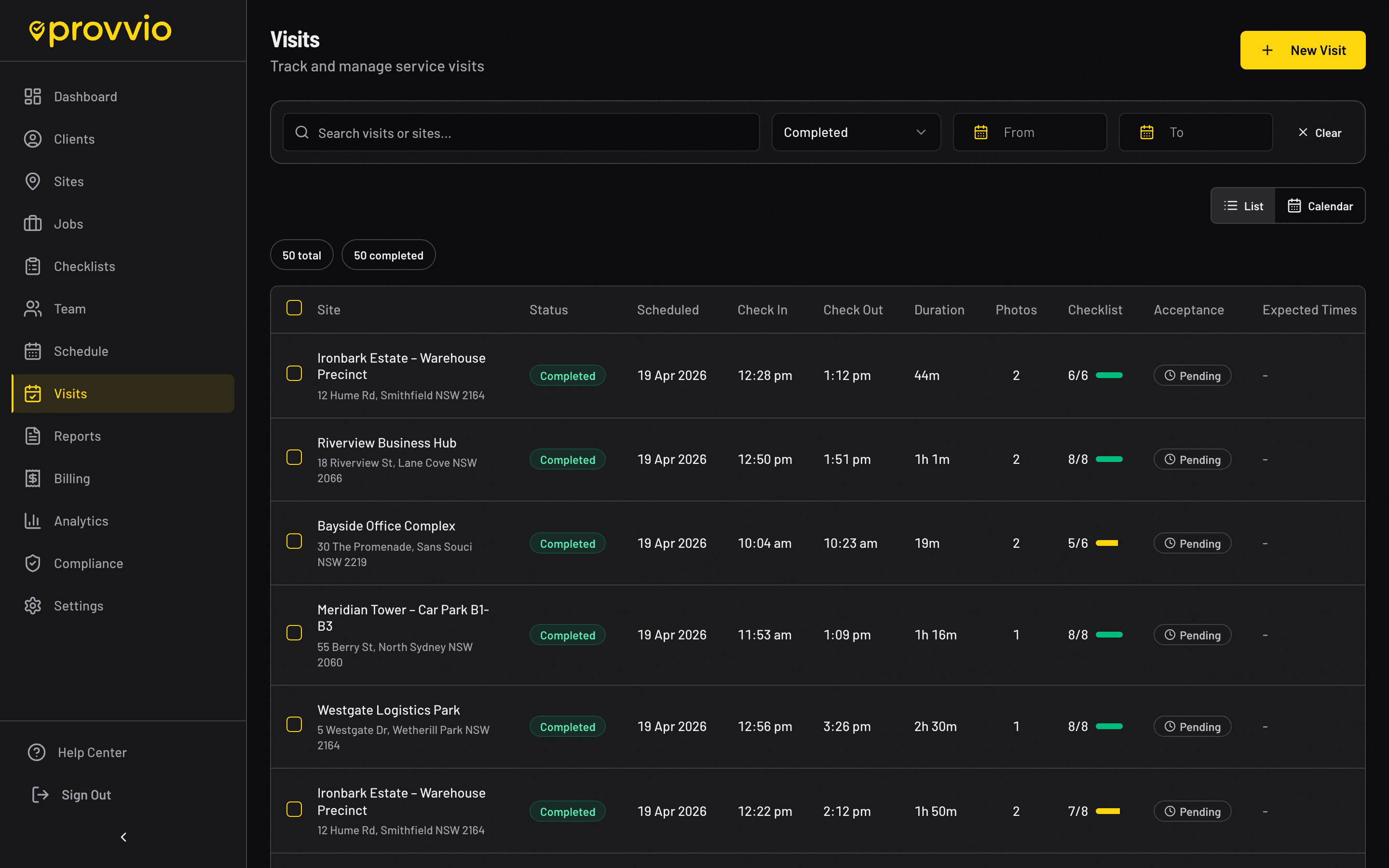 Provvio visits calendar view for a security patrol operation