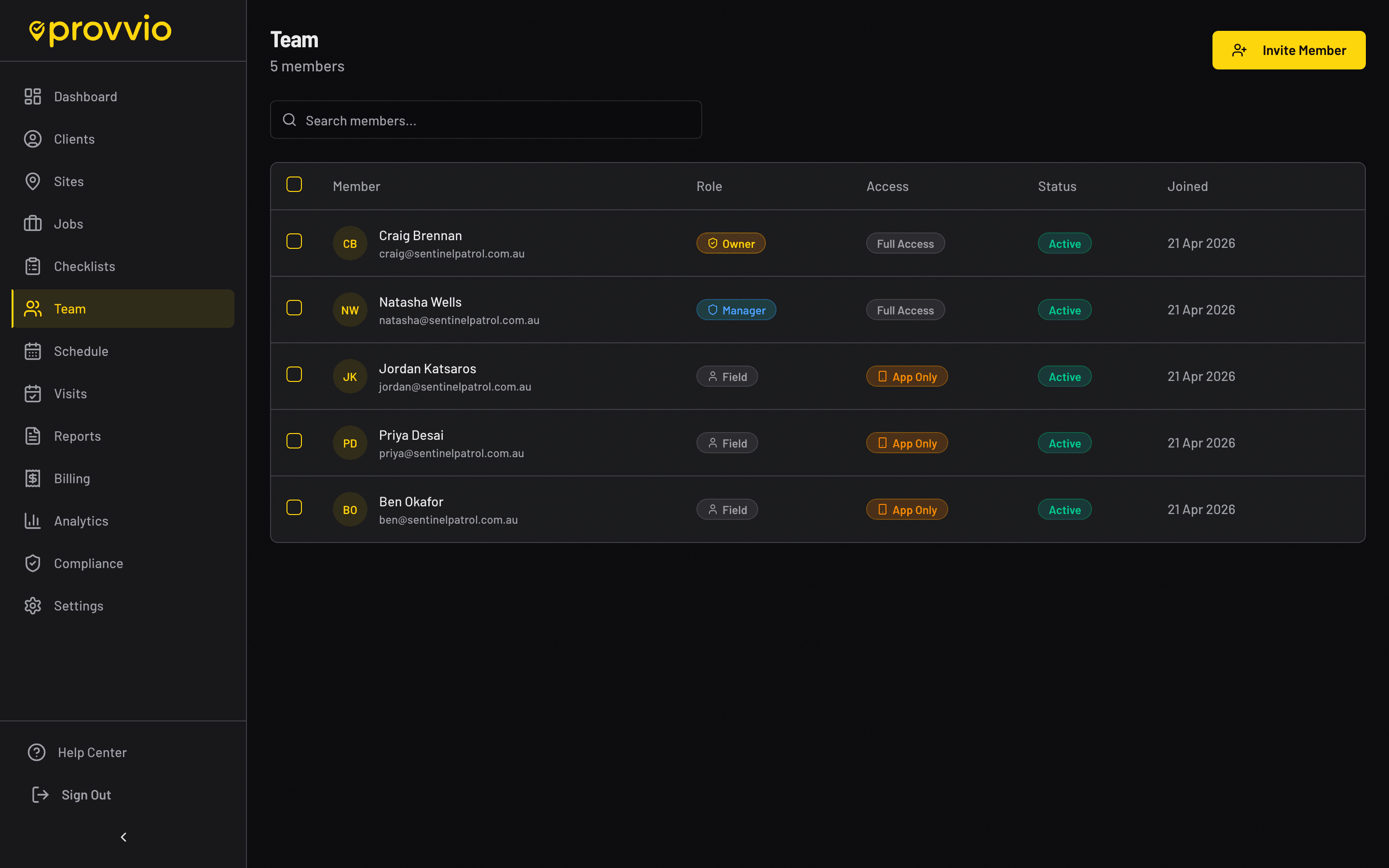 Provvio team management page showing crew members with role badges and schedule