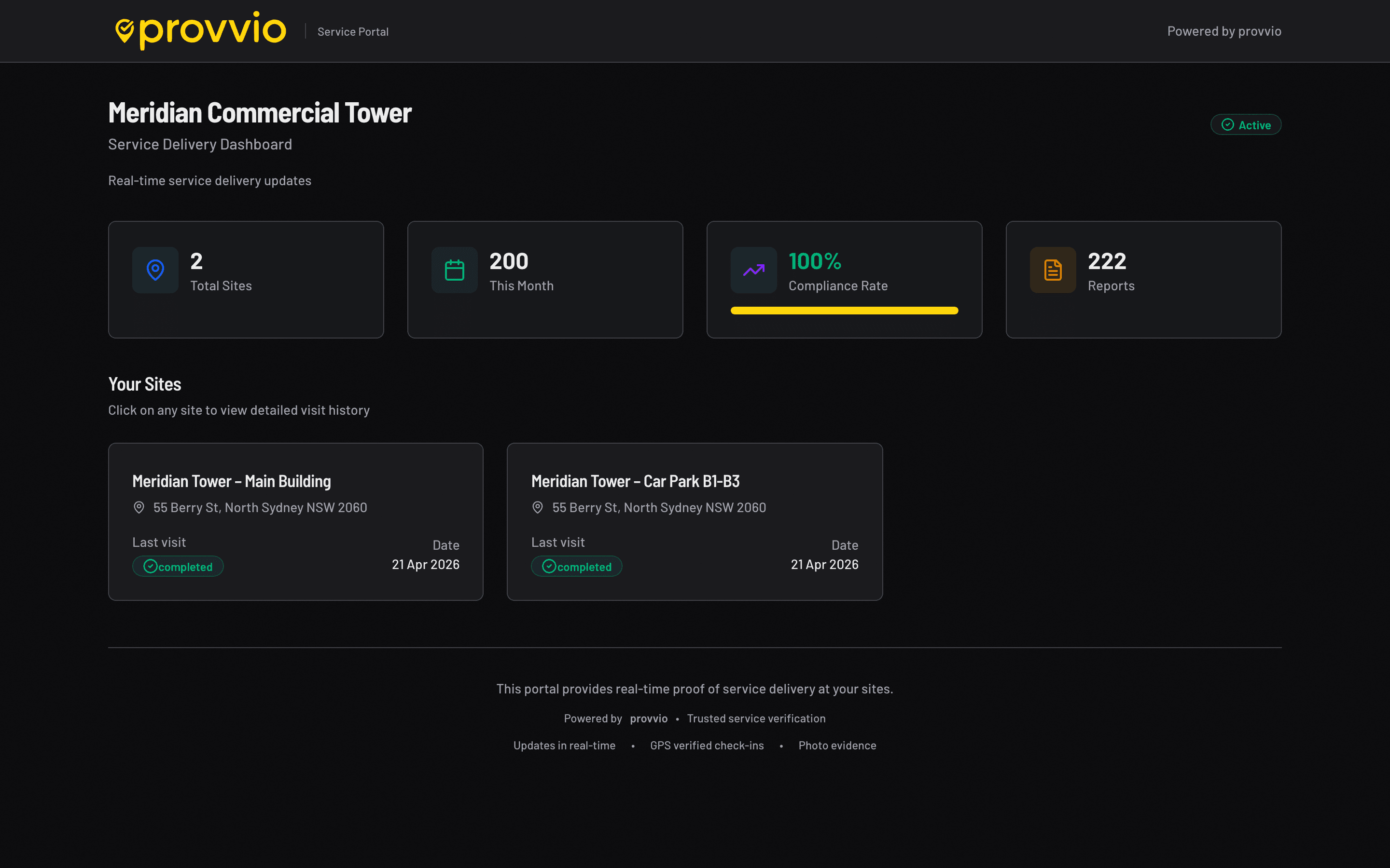 Provvio client portal showing service history and reports for a security client