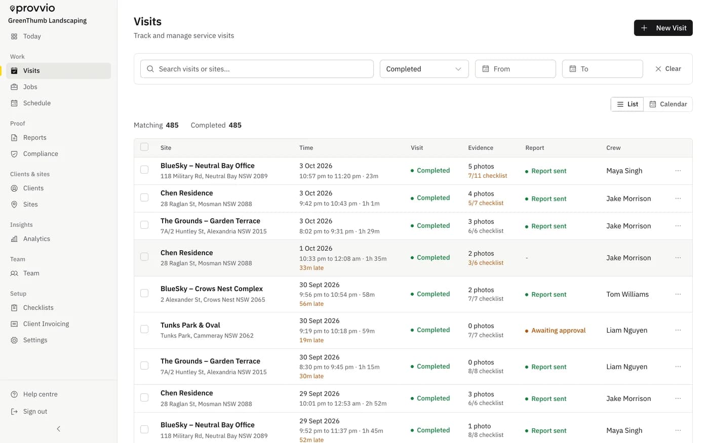 provvio visits list showing scheduled recurring jobs across multiple sites