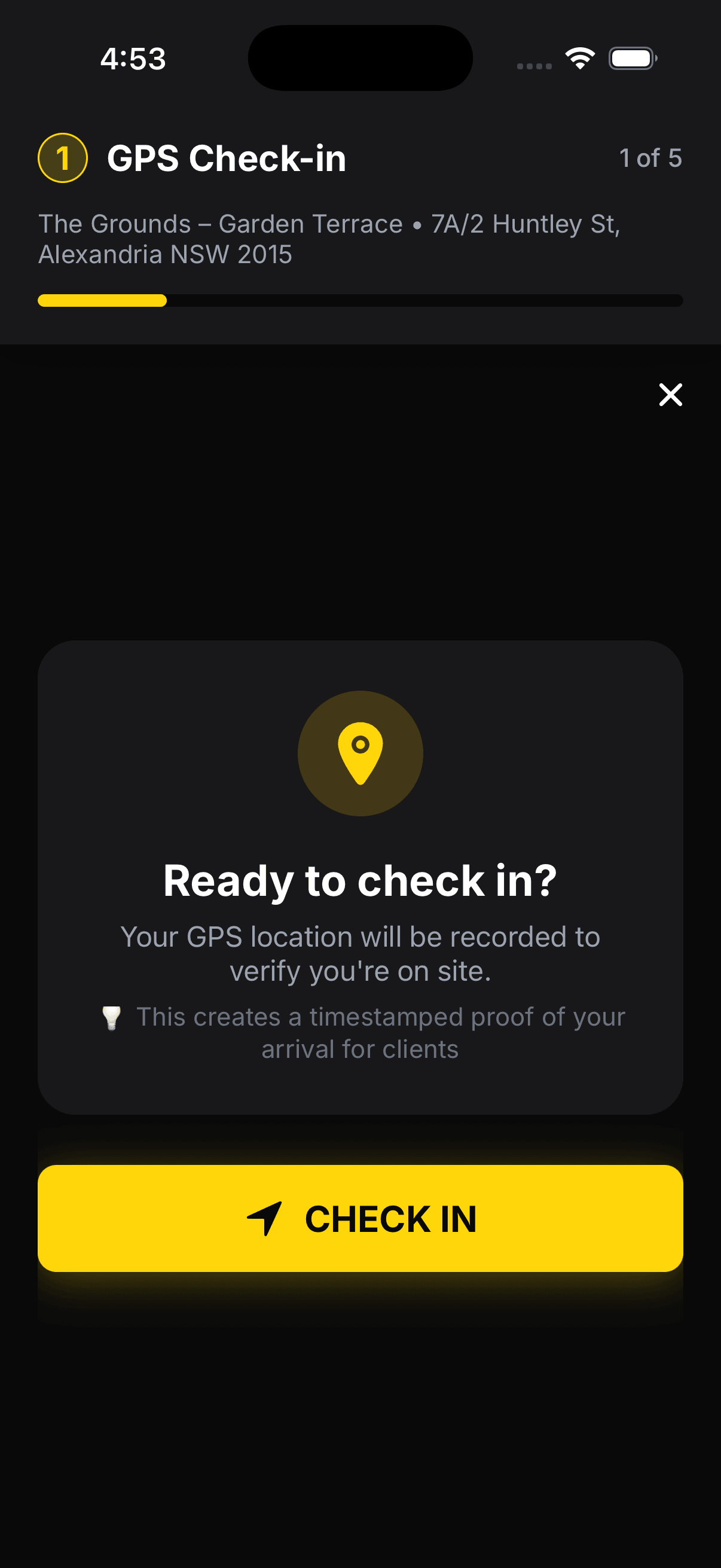 Mobile view showing GPS check-in for cleaning visit