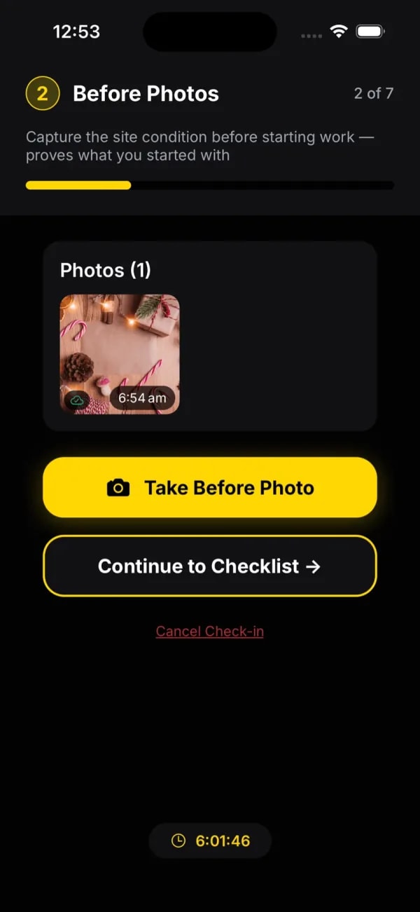 Mobile view showing GPS check-in and photo evidence for cleaning visit