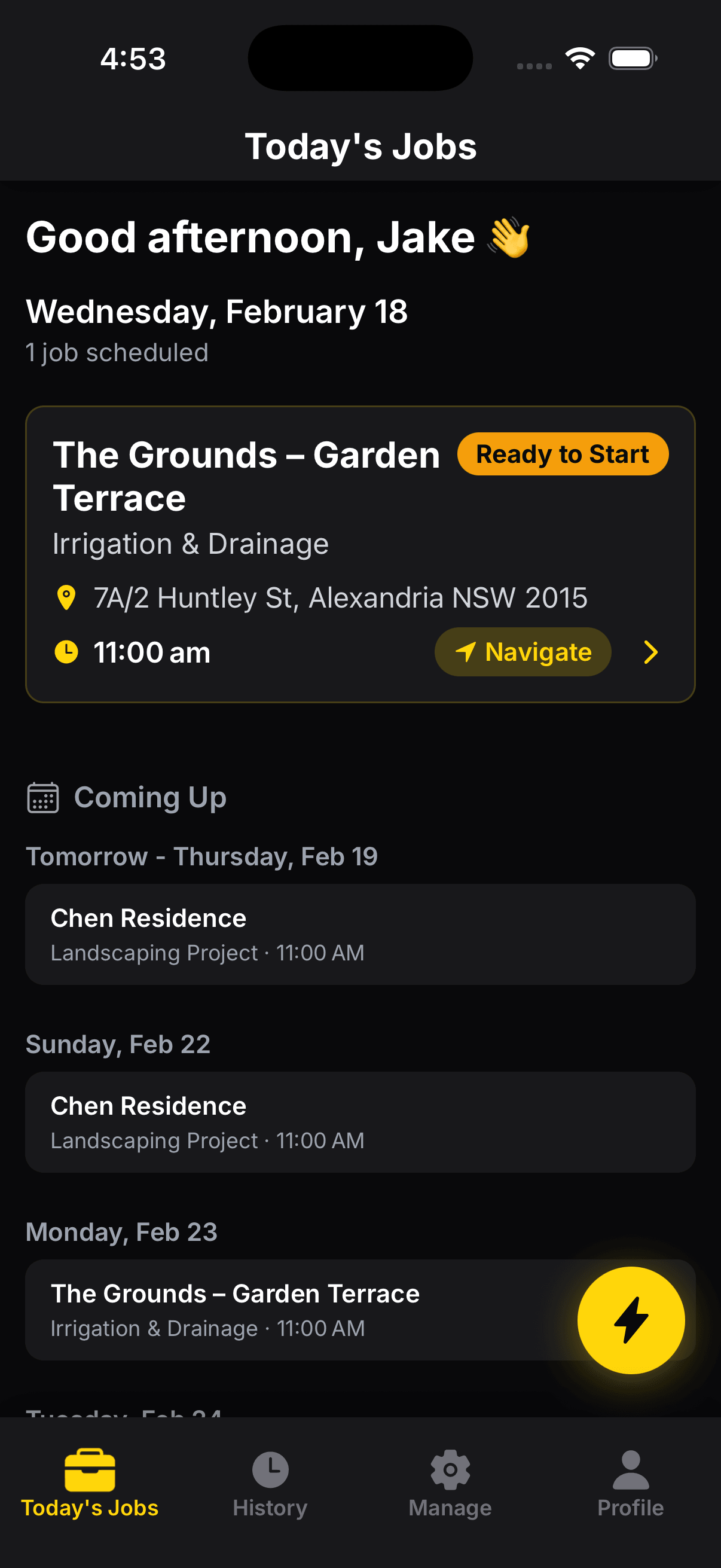 Provvio mobile app showing today's scheduled jobs with GPS check-in for field crews