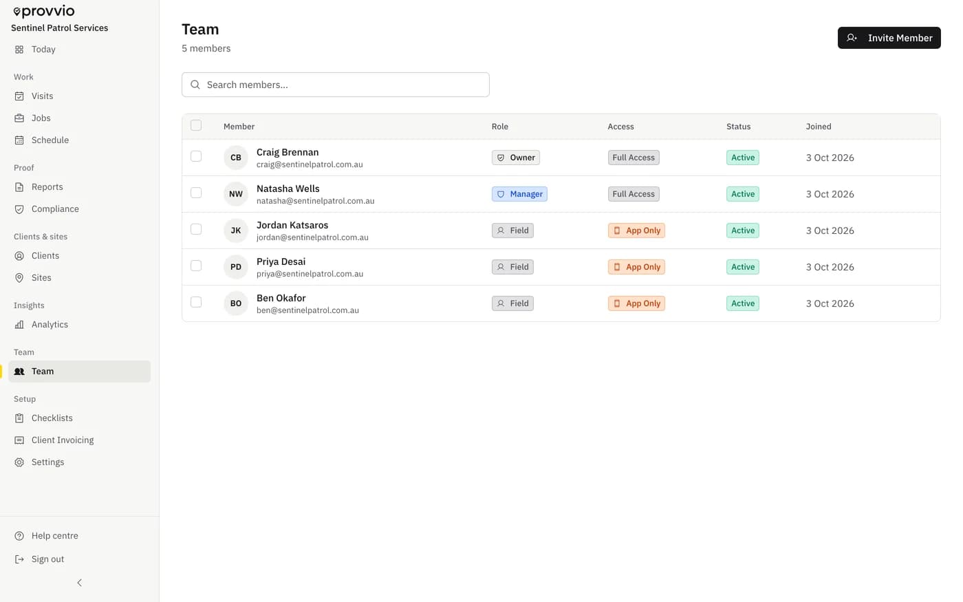 provvio team management page showing crew members with role badges and schedule