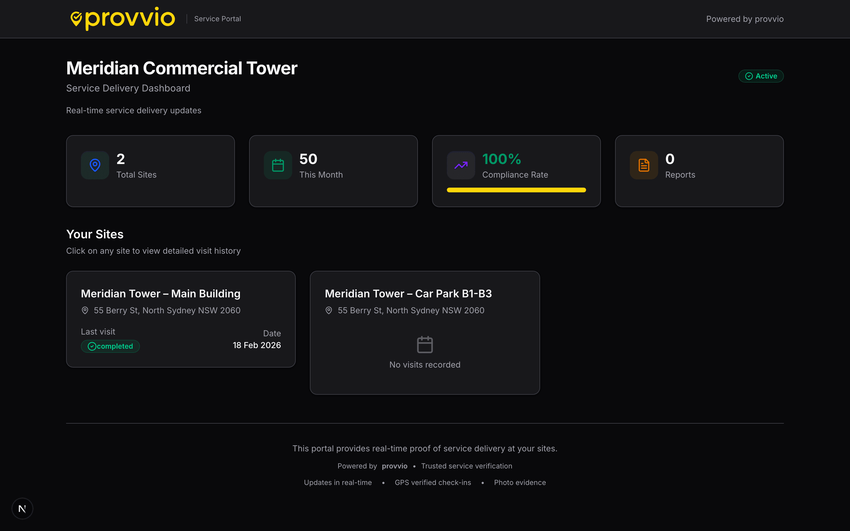 Client portal showing patrol history and downloadable reports for property managers