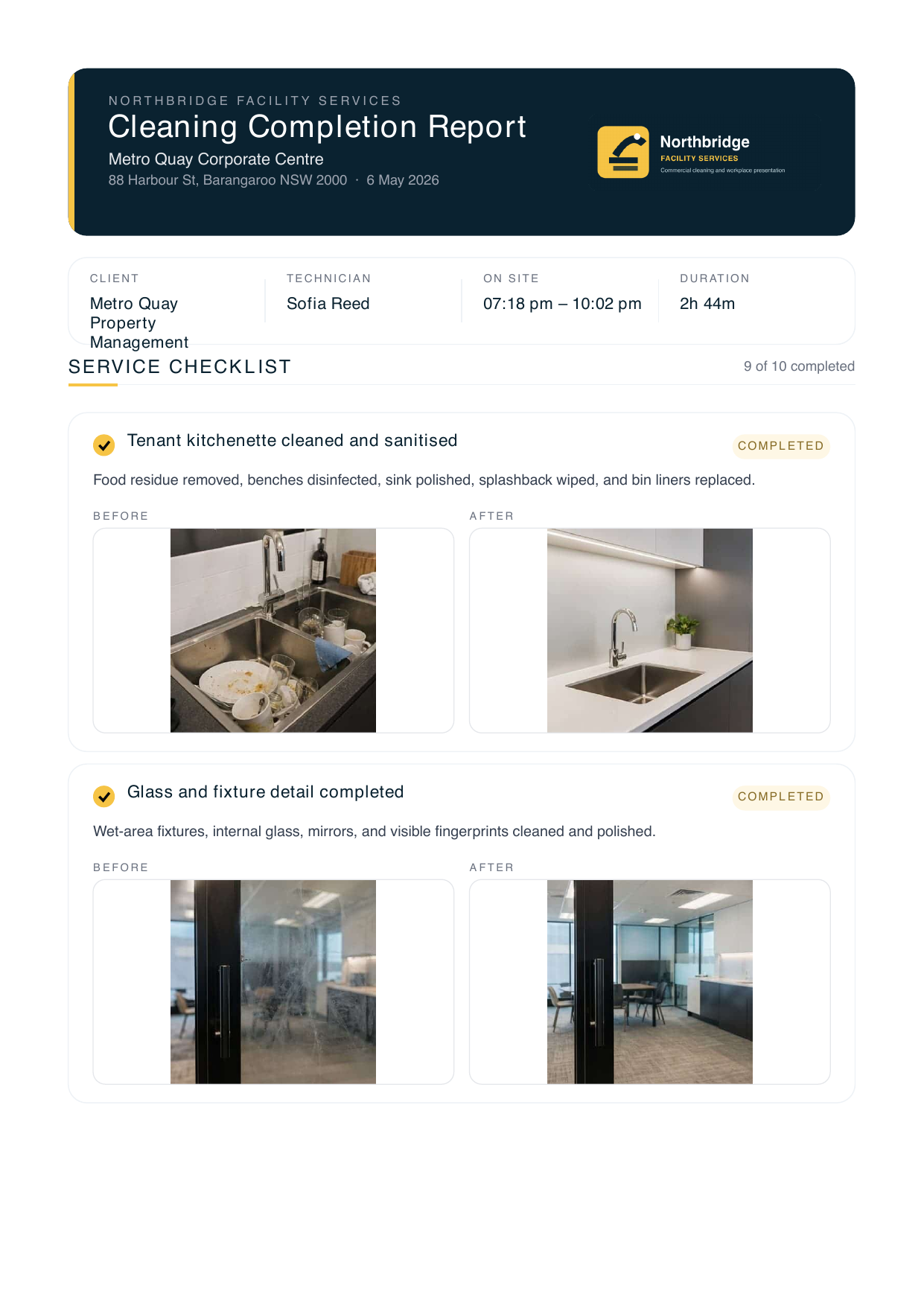 White-label cleaning report first page preview